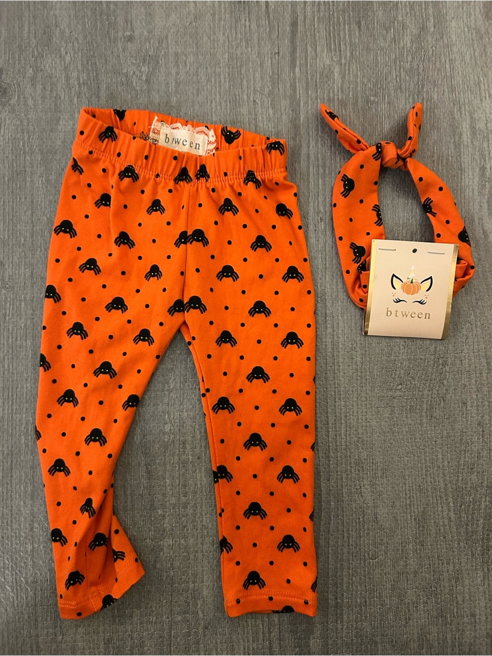 btween Halloween Orange & Black Spider Print Leggings with Matching Headband